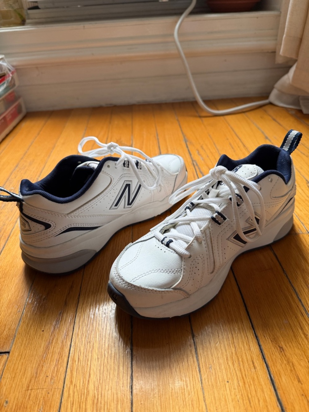 New Balance 608 White and Navy Athletic Sneakers - Picture 3 of 4